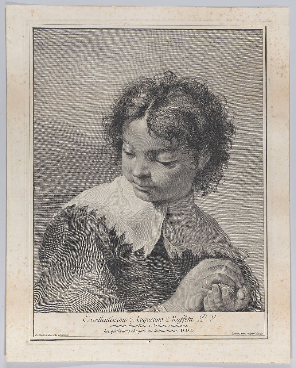 Plate 4: Boy with a lace collar holding a piece of fruit in his hands; from 'Icones ad vivum expressae' after Giovanni Battista Piazzetta, Giovanni Cattini (Italian, Venice ca. 1715–ca. 1800 Venice), Etching 