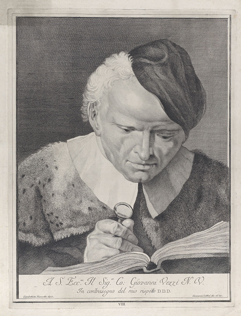 Plate 8: Man in a hat reading a book with a magnifying glass; from 'Icones ad vivum expressae' after Giovanni Battista Piazzetta, Giovanni Cattini (Italian, Venice ca. 1715–ca. 1800 Venice), Etching 