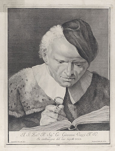 Plate 8: Man in a hat reading a book with a magnifying glass; from 'Icones ad vivum expressae' after Giovanni Battista Piazzetta
