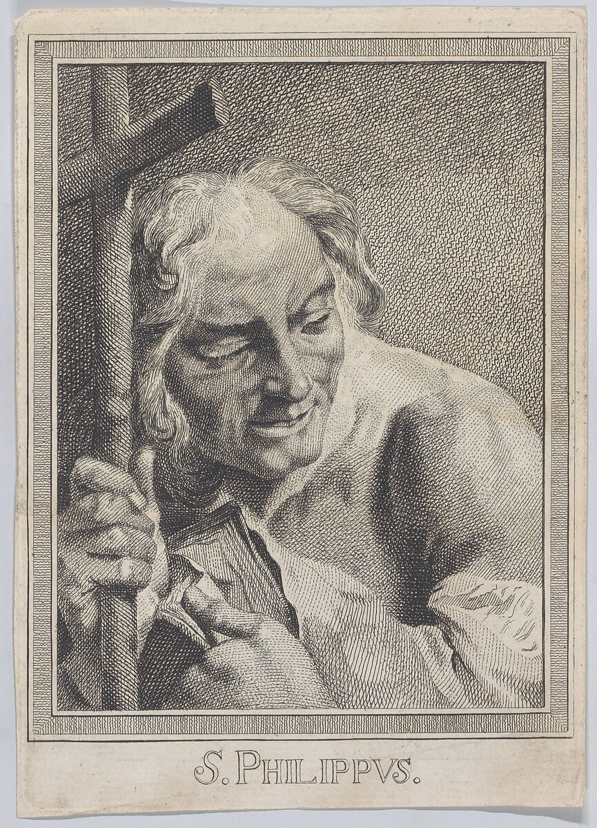 Saint Philip, head and shoulders, holding a cross and a book; after Giovanni Battista Piazzetta (copy in reverse), After Marco Alvise Pitteri (Italian, Venice 1702–1786 Venice), Engraving 