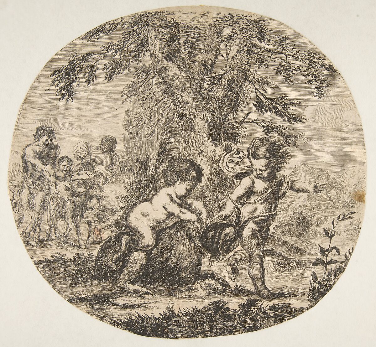 A child and a satyr child playing with a goat, Stefano della Bella (Italian, Florence 1610–1664 Florence), Etching; reverse copy 