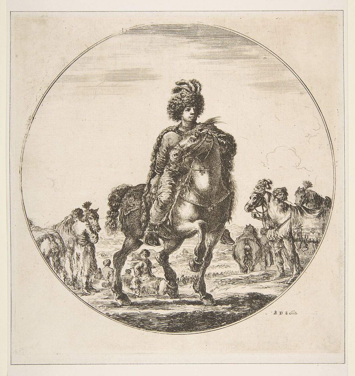 Polish horseman facing right, a circular composition, from 'Figures on Horseback' (Cavaliers nègres, polonais et hongrois), Stefano della Bella (Italian, Florence 1610–1664 Florence), Etching 