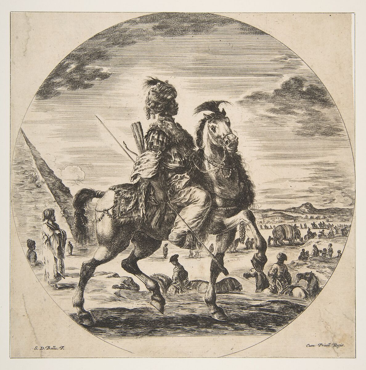 Moorish horseman in profile facing right, in the background a pyramid at left, many figures and an elephant, from 'Figures on Horseback' (Cavaliers nègres, polonais et hongrois), Stefano della Bella (Italian, Florence 1610–1664 Florence), Etching; second state of two 