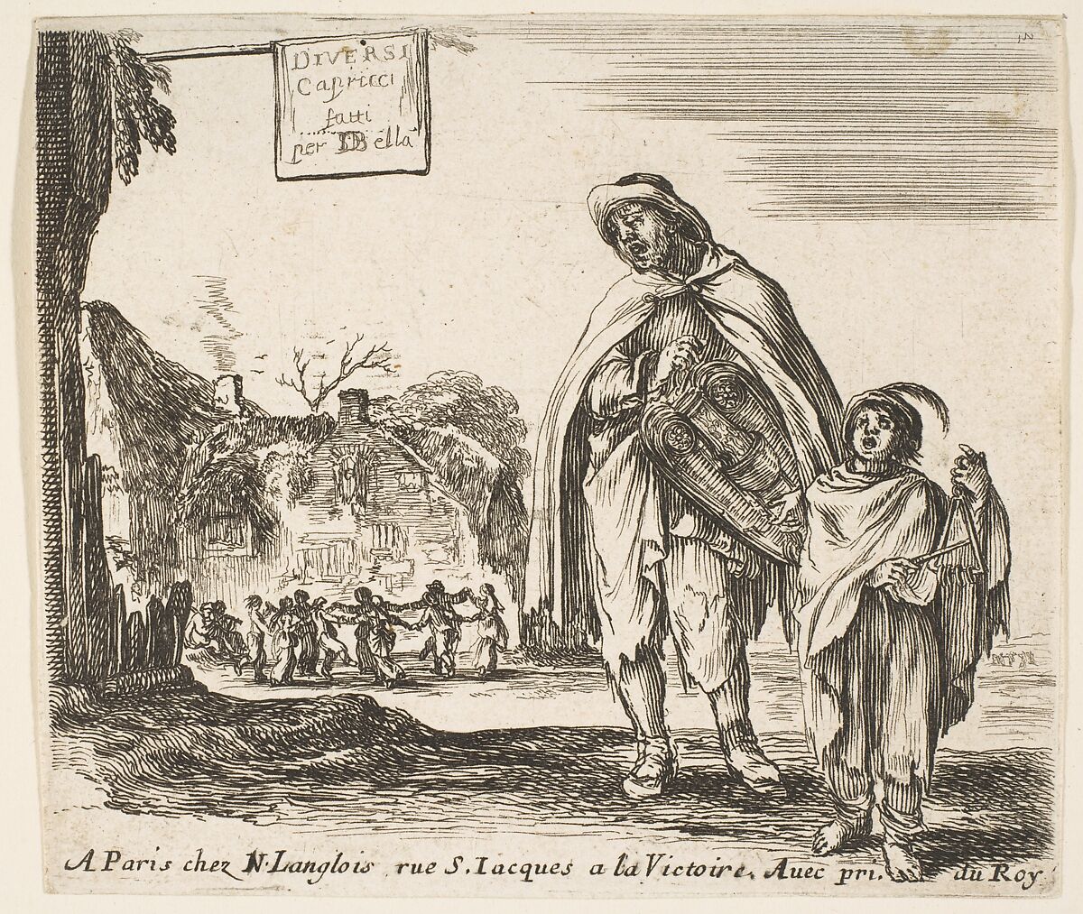 A man sings and plays the hurdy gurdy, accompanied by a boy playing the triangle to right, a group of peasants dancing in a ring to left in background, plate 1 and title page for "Diversi capricci", Stefano della Bella (Italian, Florence 1610–1664 Florence), Etching; third state of four (De Vesme) 