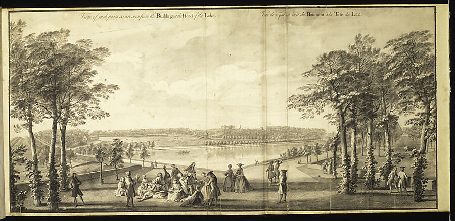 View of Such Parts as are Seen from the Building at the Head of the Lake at Stowe, Buckinghamshire, Jacques Rigaud (French, Marseilles 1681–1754 Paris), Pen and ink, brush and wash 