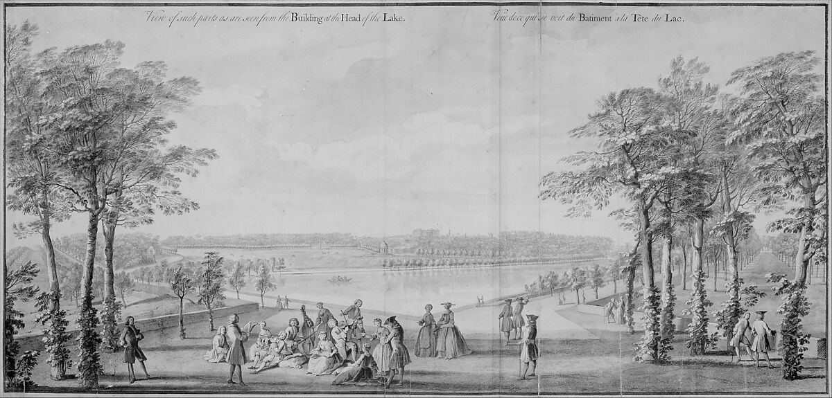 View of Such Parts as are Seen from the Building at the Head of the Lake at Stowe, Buckinghamshire, Jacques Rigaud (French, Marseilles 1681–1754 Paris), Pen and ink, brush and wash