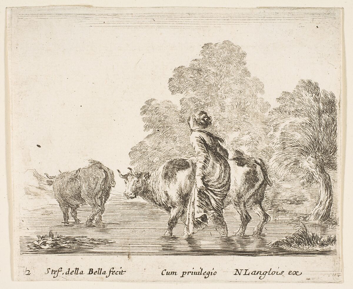 A peasant woman herds two cows across a stream, walking towards the left, plate 2 from "Diversi capricci", Stefano della Bella (Italian, Florence 1610–1664 Florence), Etching; third state of four (De Vesme) 