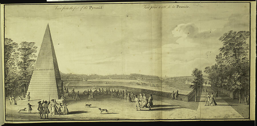 View from the foot of the Pyramid at Stowe, Buckinghamshire, Jacques Rigaud (French, Marseilles 1681–1754 Paris), Pen and ink, brush and wash 