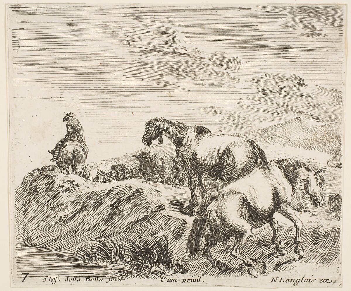 Two horses ascending the bank of a river at right, following a procession of horses and one horseman to the left, plate 7 from "Diversi capricci", Stefano della Bella (Italian, Florence 1610–1664 Florence), Etching; third state of four (De Vesme) 