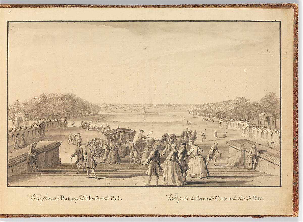 View from the Portico of the House to the Park at Stowe, Buckinghamshire, Jacques Rigaud (French, Marseilles 1681–1754 Paris), Pen and ink, brush and wash 