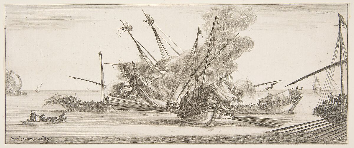 Naval combat, a ship at center, seen from behind, firing at four enemy ships, another ship entering from the right, a rowboat with nine people to left, from "Peace and War" (Divers desseins tant pour la paix que pour la guerre), Stefano della Bella (Italian, Florence 1610–1664 Florence), Etching; second state of two 