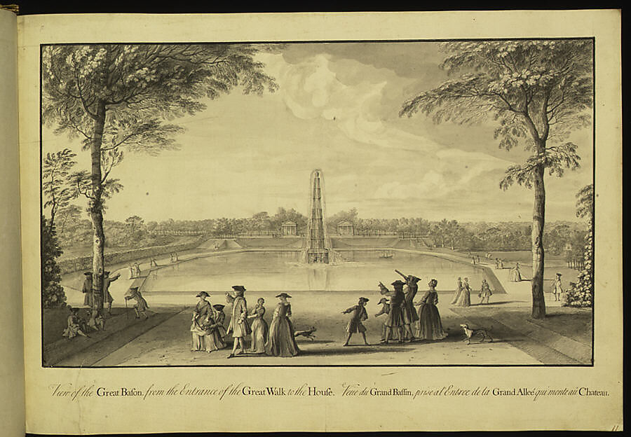 View of the Great Basin from the Entrance of the Great Walk to the House at Stowe, Buckinghamshire, Jacques Rigaud (French, Marseilles 1681–1754 Paris), Pen and ink, brush and wash 