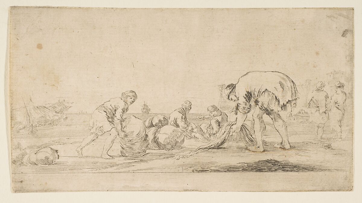 A fisherman bringing in his nets, a man at left pushing a bale to the right, two seated figures mending nets, and two figures at right seen from the back, Etched by Stefano della Bella (Italian, Florence 1610–1664 Florence), Etching 