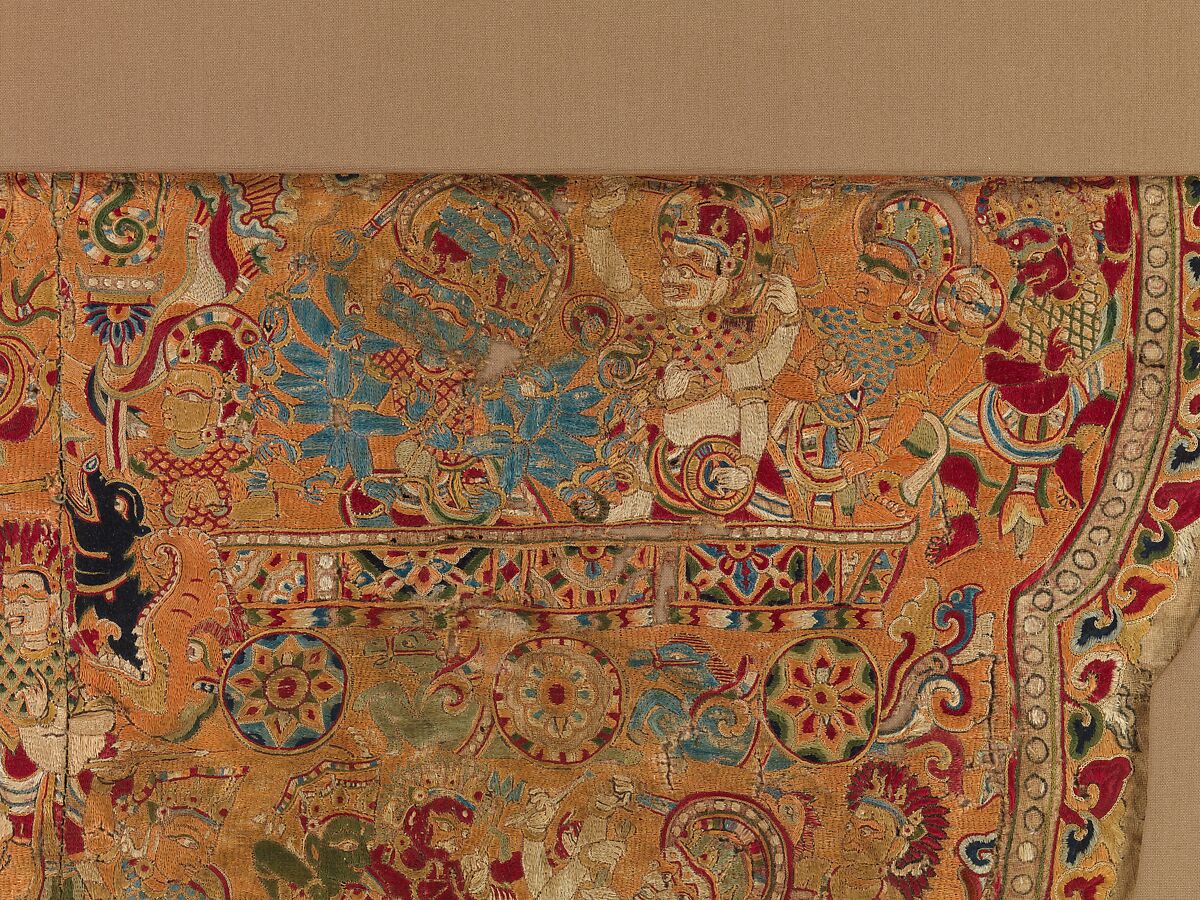Textile Panel with Scenes from the Ramayana, Silk embroidery on polished cotton, Nepal
