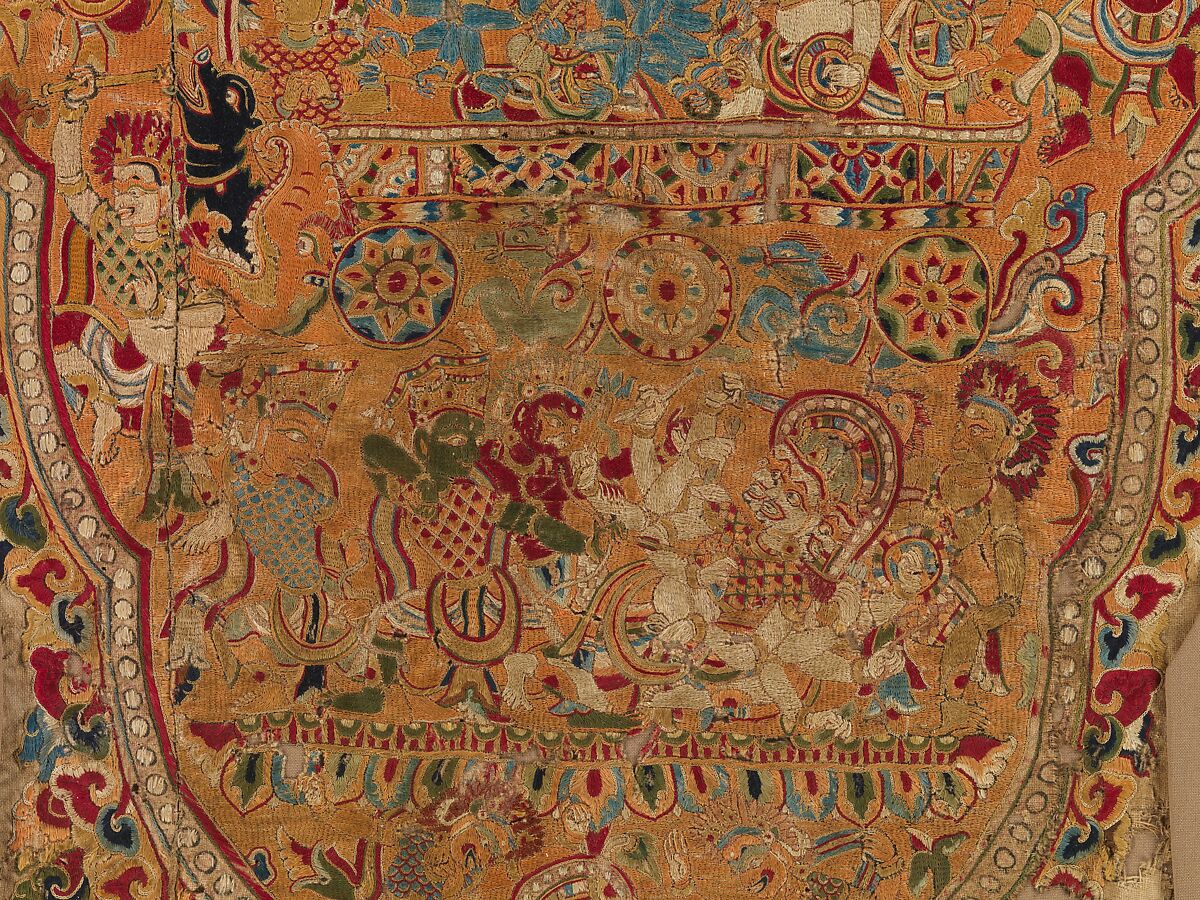 Textile Panel with Scenes from the Ramayana, Silk embroidery on polished cotton, Nepal