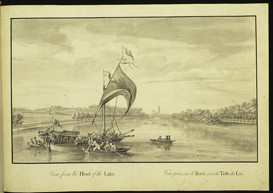 View from the Head of the Lake at Stowe, Buckinghamshire, Jacques Rigaud (French, Marseilles 1681–1754 Paris), Pen and ink, brush and wash 