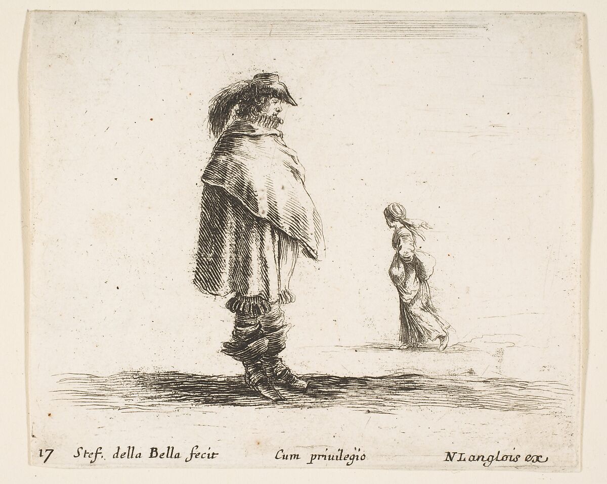 A man wearing a plumed hat in center facing right, a woman walking towards the left in the background, plate 17 from "Diversi capricci", Stefano della Bella (Italian, Florence 1610–1664 Florence), Etching; third state of four (De Vesme) 