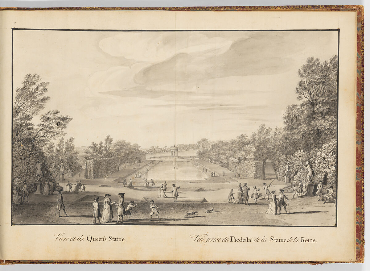 View at the Queen's Statue at Stowe, Buckinghamshire, Jacques Rigaud (French, Marseilles 1681–1754 Paris), Pen and ink, brush and wash 