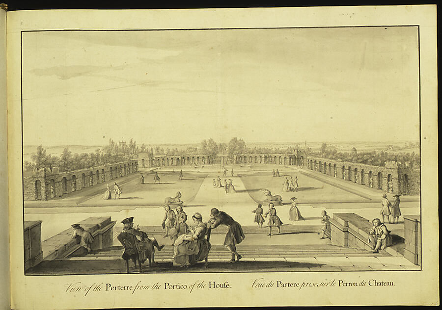 View of the Parterre from the Portico of the House at Stowe, Buckinghamshire, Jacques Rigaud (French, Marseilles 1681–1754 Paris), Pen and ink, brush and wash 