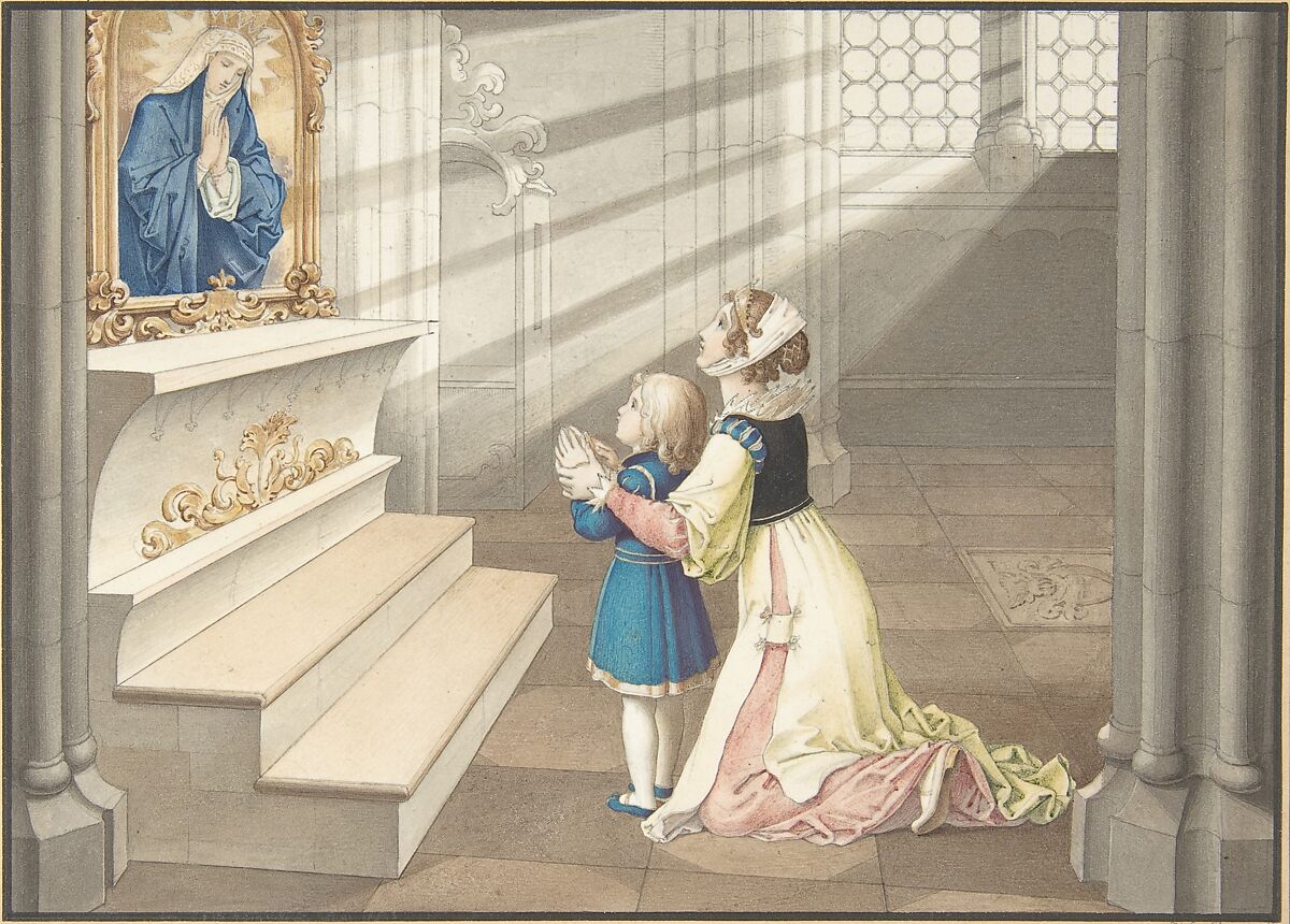 Mother and Daughter in Prayer, Julius Schnorr von Carolsfeld (German, Leipzig 1794–1872 Dresden), Pen and black ink, brush and watercolor. Framing lines in pen and black ink and brown watercolor. 