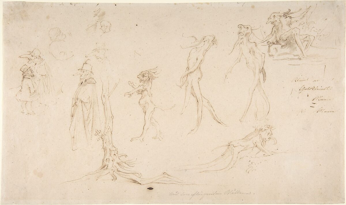 Studies of Imaginary Woodland Creatures and Other Figures, Moritz von Schwind (Austrian, Vienna 1804–1871 Munich), Pen and brown ink 