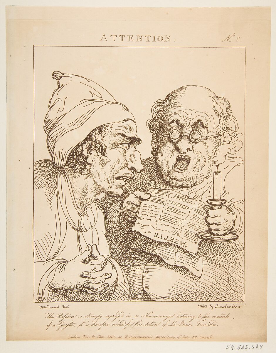 Le Brun Travested, or Caricatures of the Passions, Thomas Rowlandson (British, London 1757–1827 London), Etching, printed in brown ink, some hand-colored