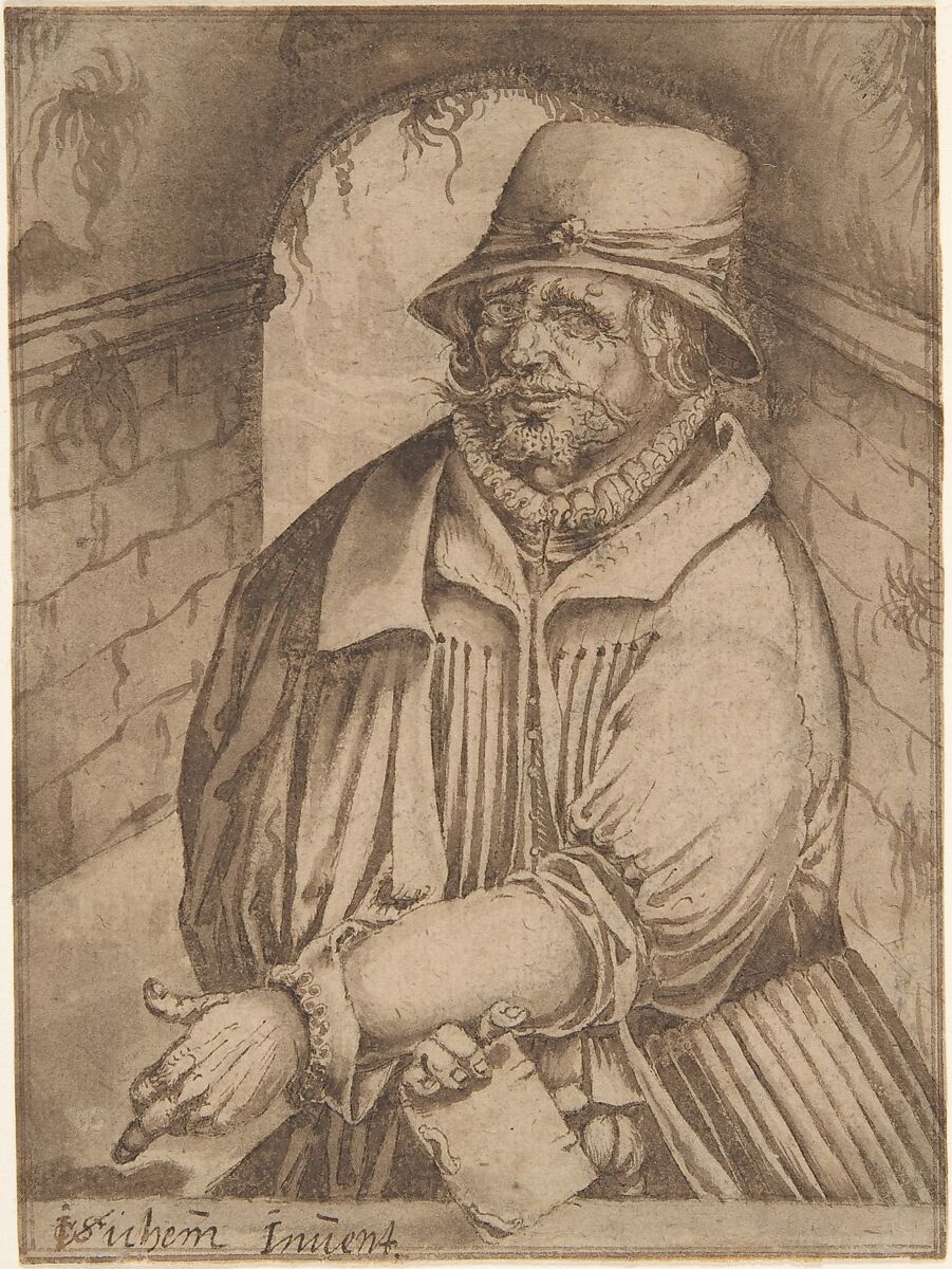 Portrait of Jan Hus, Christoffel van Sichem I (Netherlandish, 1546–1624), Pen and brown ink, brown wash, incised for transfer 