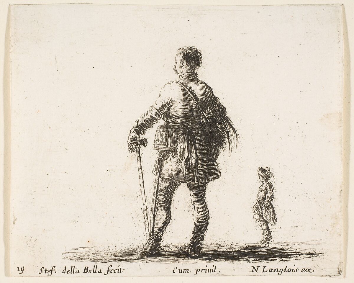 A Polish nobleman in court dress, standing in center, seen from behind, another nobleman to right in background, plate 19 from "Diversi capricci", Stefano della Bella (Italian, Florence 1610–1664 Florence), Etching; third state of four (De Vesme) 
