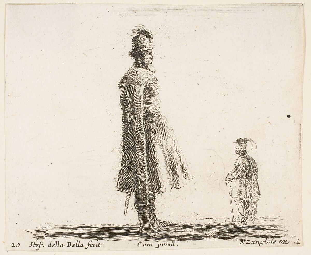 An old Polish nobleman wearing a plumed hat in center, standing in profile facing right, another Polish man to right in background, standing in profile facing left, plate 20 from "Diversi capricci", Stefano della Bella (Italian, Florence 1610–1664 Florence), Etching; third state of four (De Vesme) 