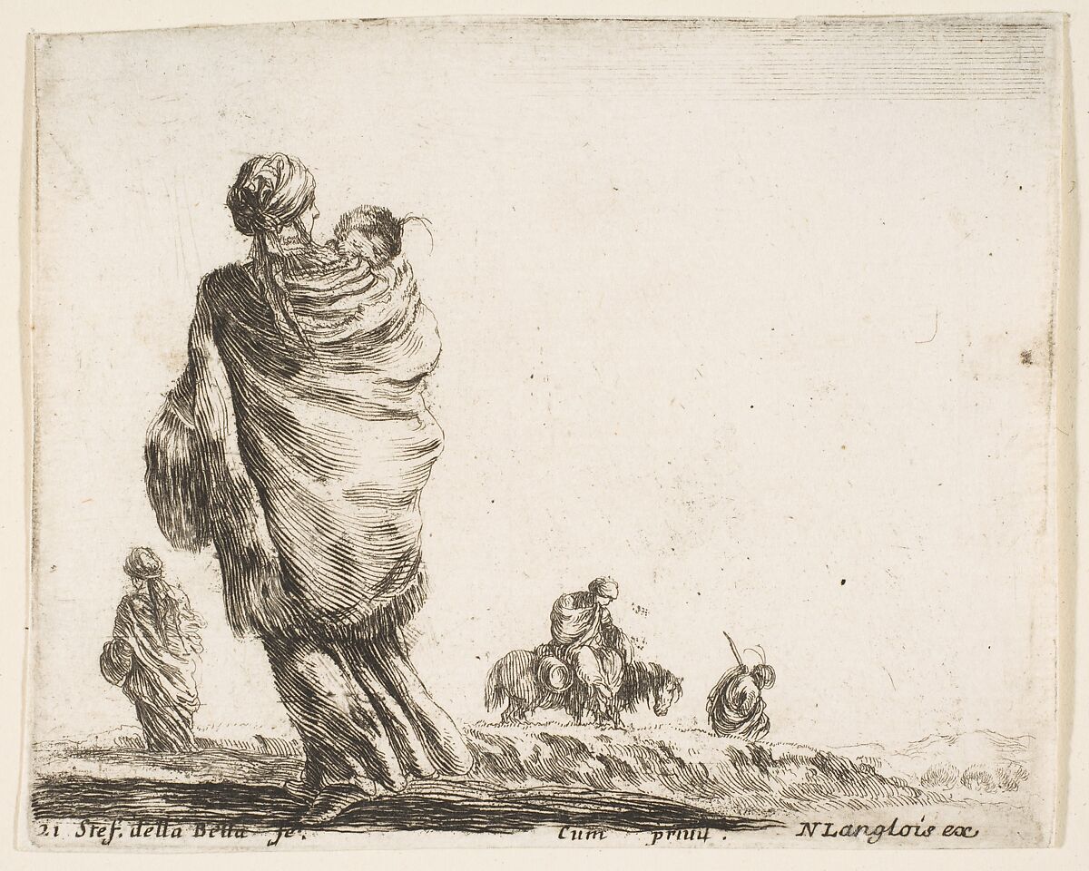 A poor woman to left, seen from behind, enveloping her child in a shawl, another woman seen from behind to left in background, a woman atop a horse and a man to right in background, plate 21 from "Diversi capricci", Stefano della Bella (Italian, Florence 1610–1664 Florence), Etching; third state of four (De Vesme) 