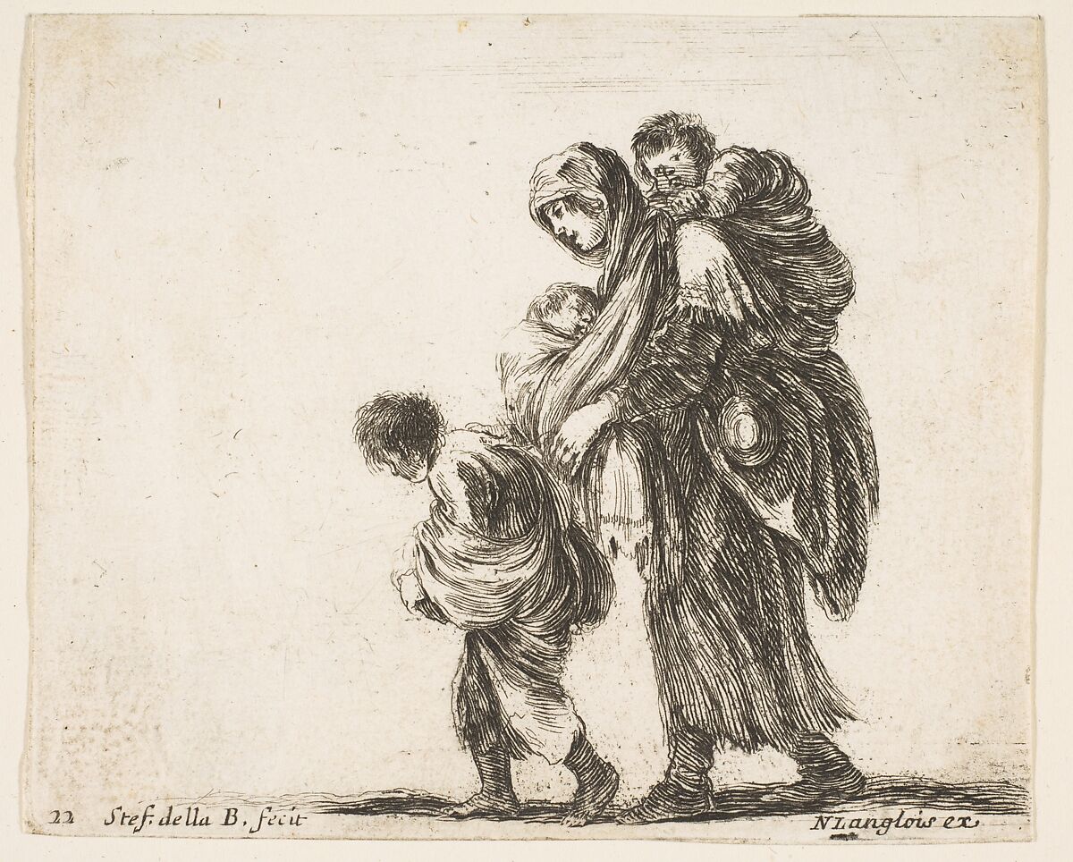 A beggar woman with three children, one child on her shoulders, one child in her arms, and one child who walks in front of her to left, plate 22 from "Diversi capricci", Stefano della Bella  Italian, Etching; third state of four (De Vesme)