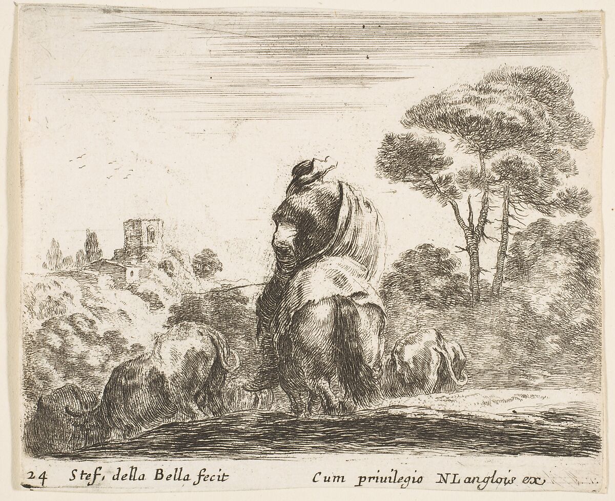 Herdsman atop a horse, seen from behind, leads his cattle down a hill, a tower on a hill to left in the background, plate 24 from "Diversi capricci", Stefano della Bella (Italian, Florence 1610–1664 Florence), Etching; third state of four 