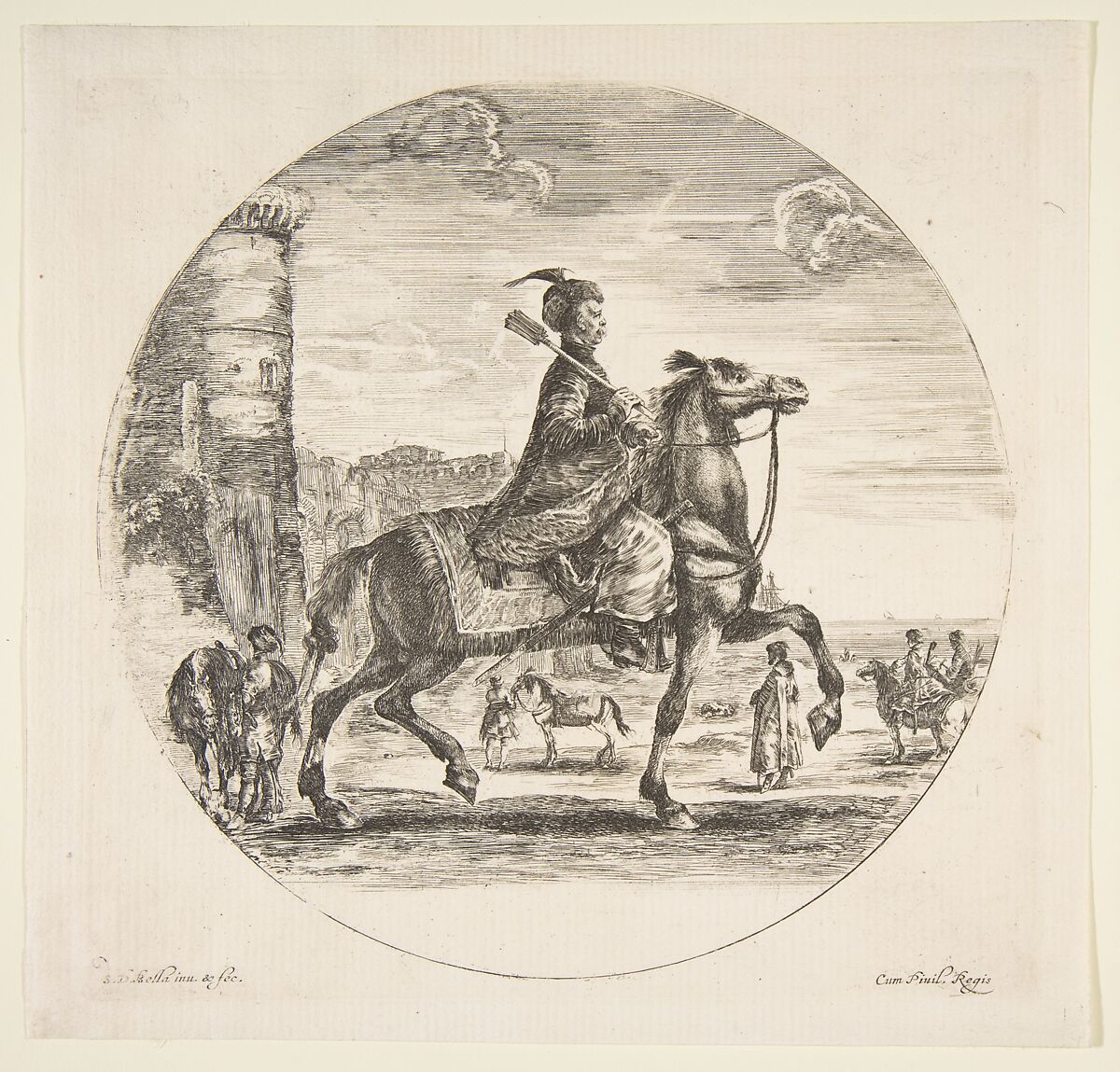 Polish horseman in profile facing right, a tower and other figures on horses in background, a circular composition, from 'Figures on Horseback' (Cavaliers nègres, polonais et hongrois), Stefano della Bella  Italian, Etching; second state of two