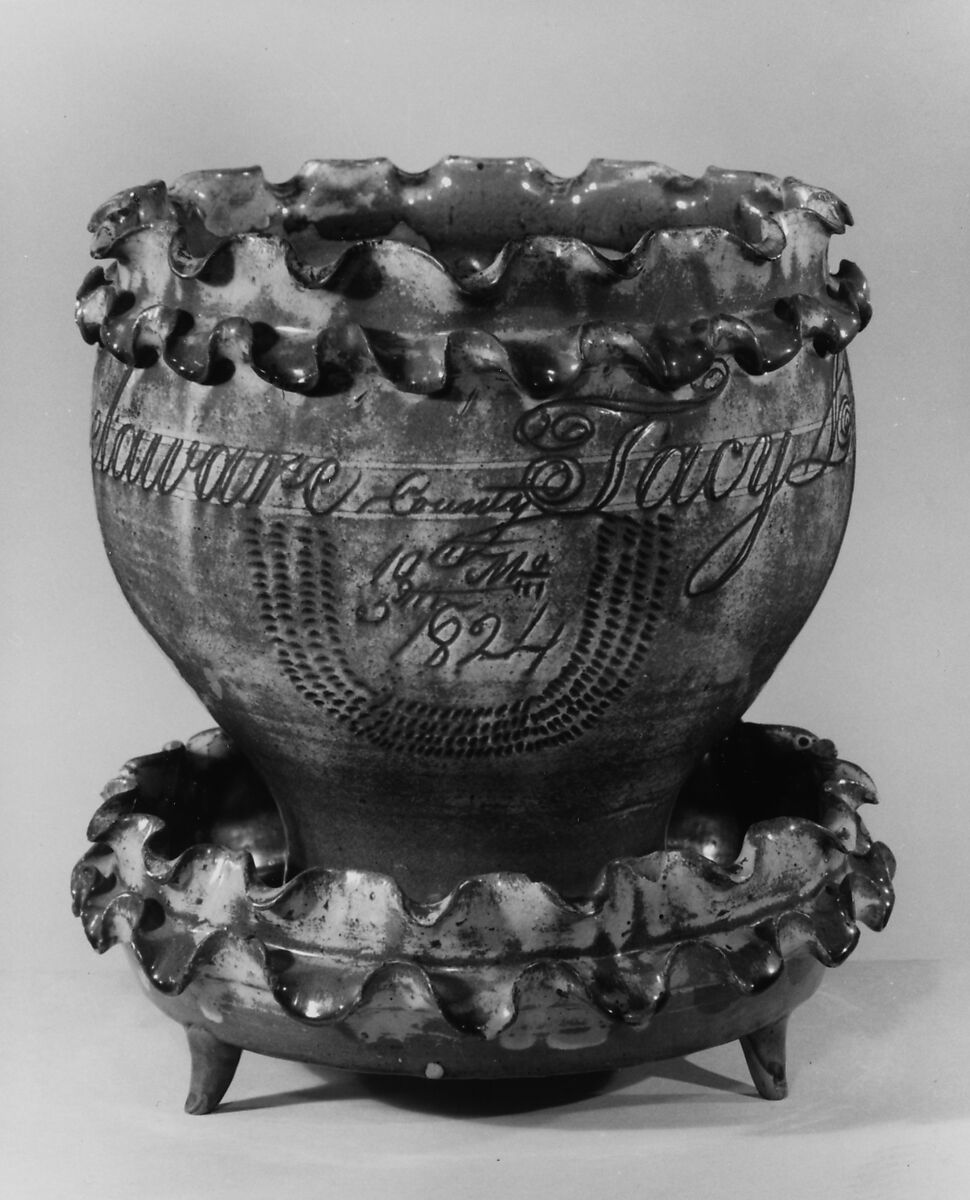 Flowerpot and stand, James Pottery (1796–1863), Earthenware; Redware with sgraffito decoration, American