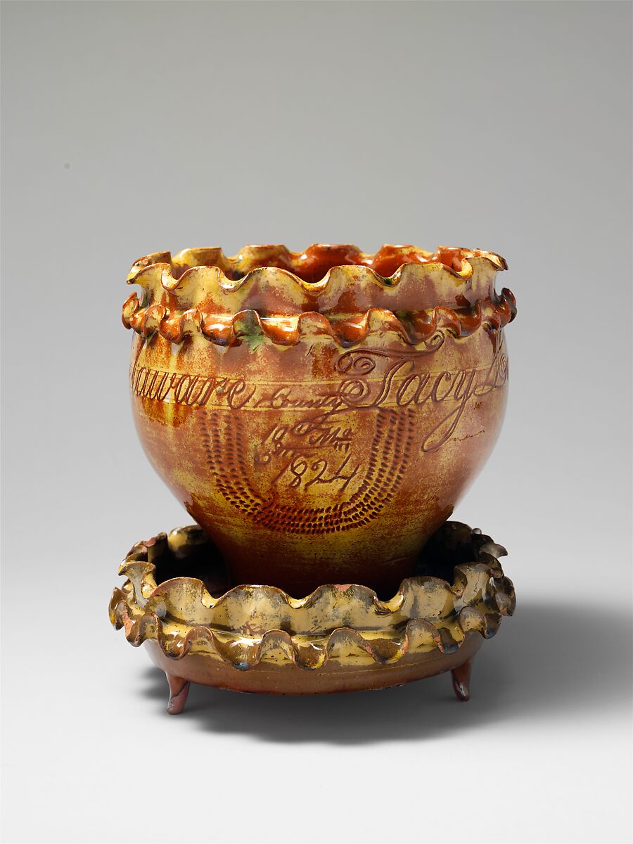 Flowerpot and stand, James Pottery (1796–1863), Earthenware; Redware with sgraffito decoration, American 