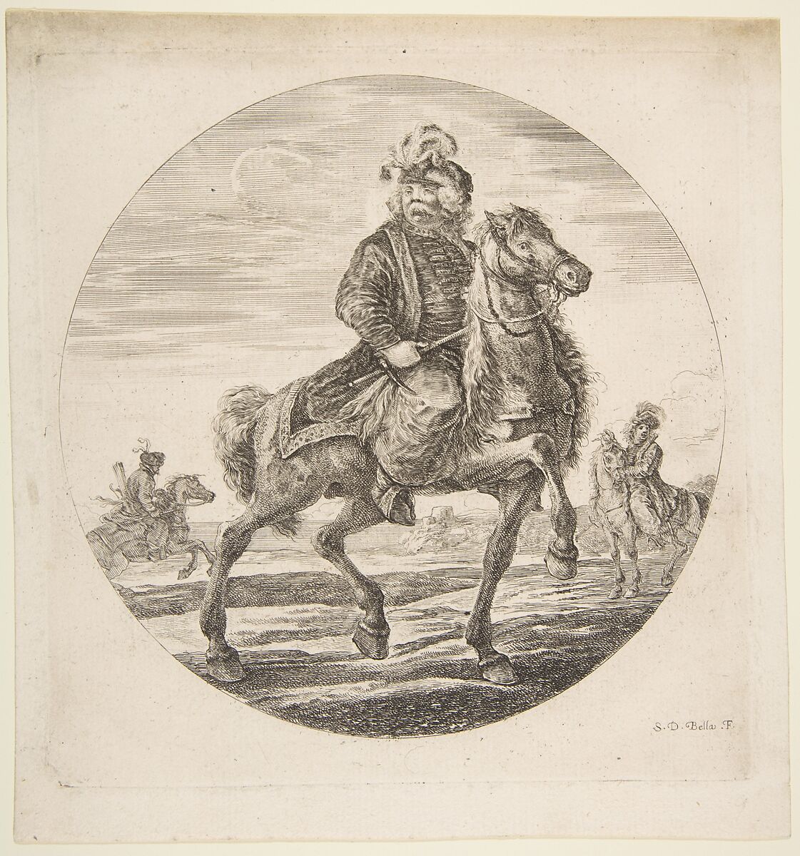 Hungarian horseman riding towards the right, other horsemen in the background, a circular composition from 'Figures on Horseback' (Cavaliers nègres, polonais et hongrois), Stefano della Bella (Italian, Florence 1610–1664 Florence), Etching 