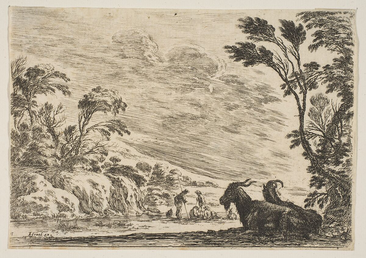 Two goats resting to right, turned towards the left, four men and a horse in a river in the background, plate 9 from "Various Figures" (Agréable diversité de figures), Stefano della Bella (Italian, Florence 1610–1664 Florence), Etching; state unknown (clipped impression) 