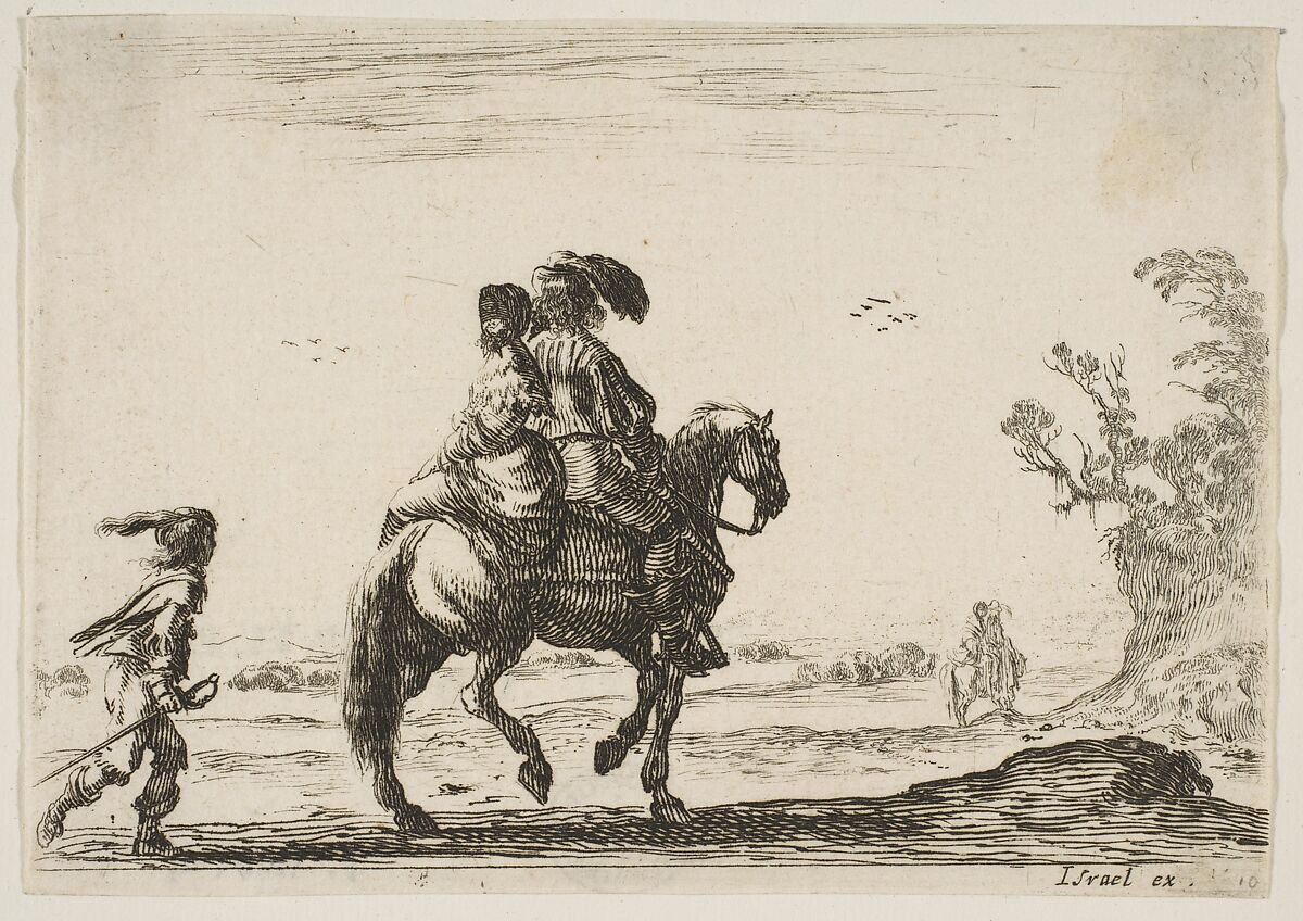 A horseman and a woman, seen from behind, riding towards the right with a young man following them to left, another horseman and woman to right in the background, plate 10 from "Various Figures" (Agréable diversité de figures), Stefano della Bella (Italian, Florence 1610–1664 Florence), Etching; state unknown (clipped impression) 