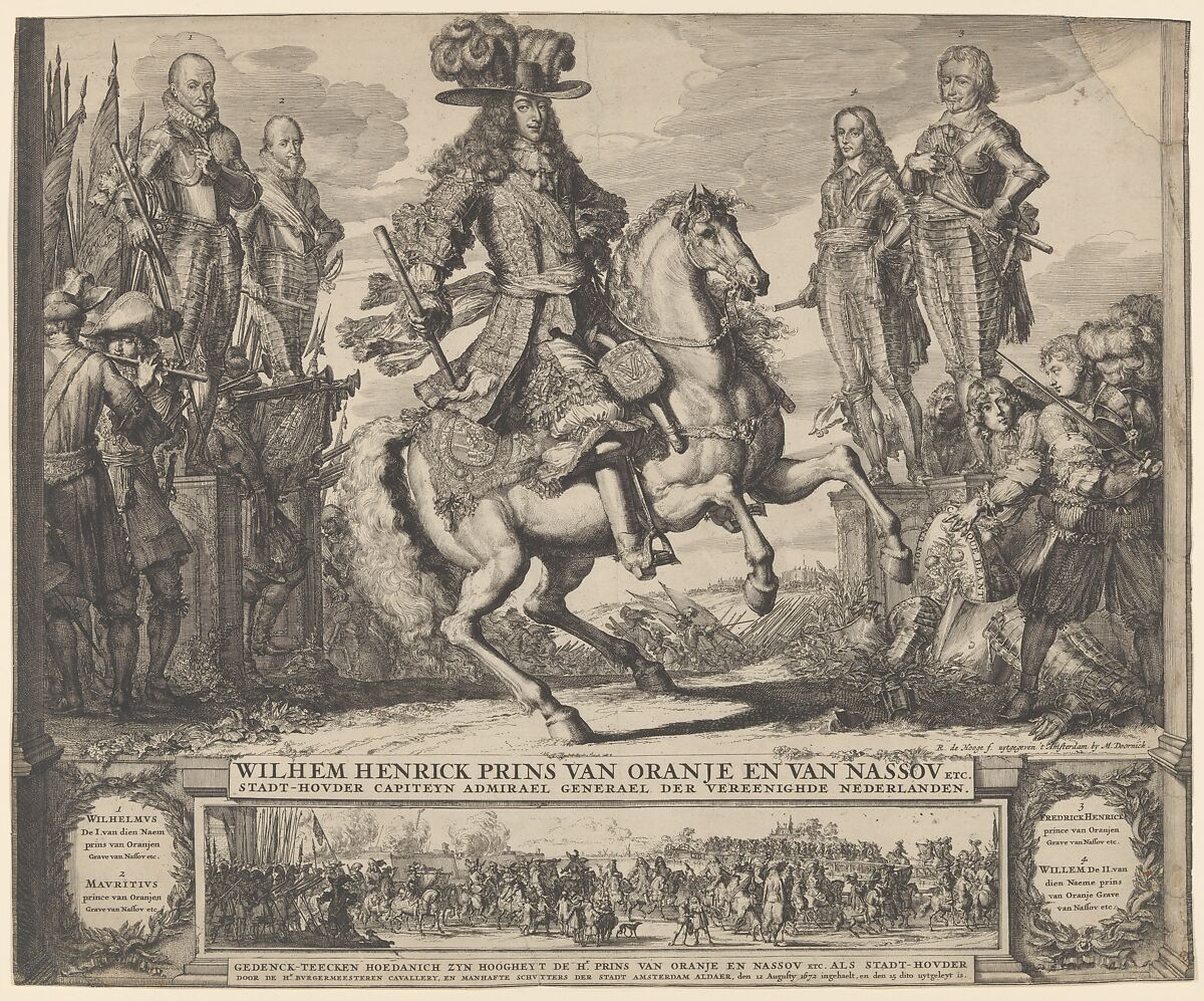 William III as Prince of Orange, with the four preceding Stadthouders, William I, Maurice, Frederick Hendrick, William II, Romeyn de Hooghe (Dutch, Amsterdam 1645–1708 Haarlem), Etching; third state 