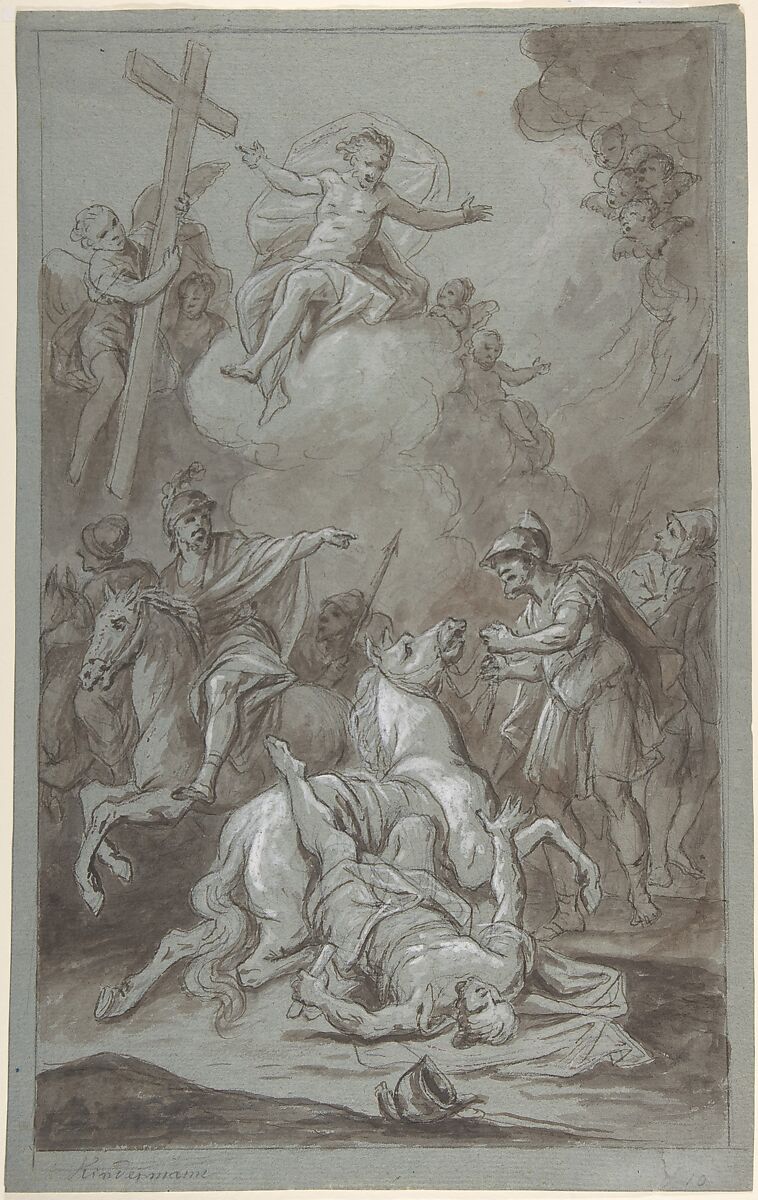 The Conversion of St. Paul (recto); The Execution of the Prisoner (verso), Dominik Kindermann (Austrian, Schluckenau 1739–1817 Vienna), Pen and brown ink, brush and brown wash, heightened with white gouache, over black chalk (recto); black chalk (verso) 