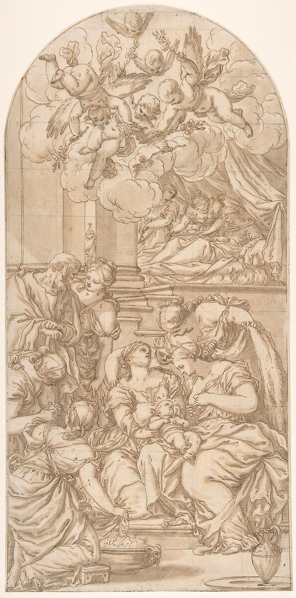 Birth of St. John the Baptist, Valentin Lefebvre (Flemish, Brussels ca. 1642–1682 England), Pen and brown ink, brush and brown wash over black chalk 