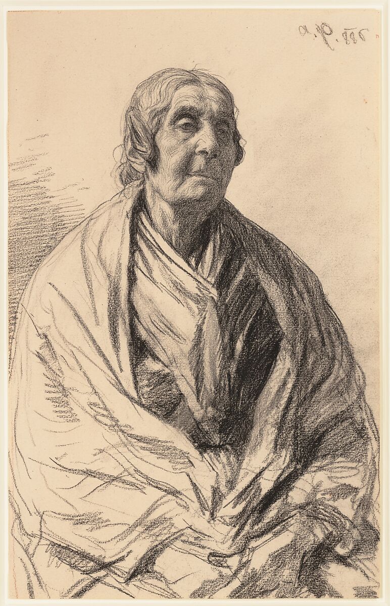 Study of an Old Woman, August Xaver Karl von Pettenkofen (Austrian, Vienna 1821–1889 Vienna), Black chalk; traces of a framing line in red chalk along the left edge 