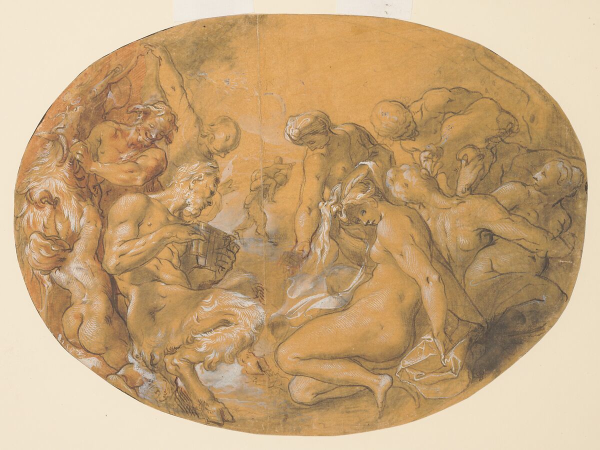 Satyrs and Nymphs; verso: partial counterproof of Heintz's "Studies for the Flight into Egypt" in The Courtauld Gallery, London, Joseph Heintz the Elder (Swiss, Basel 1564–1609 Prague), Brush and black ink, red chalk, gray and sanguine washes, heightened with white gouache, over black chalk and graphite underdrawing, incised, on off-white paper prepared with yellow wash, laid down to another sheet of laid paper; verso of secondary support: partial offset of a drawing in black and red chalk