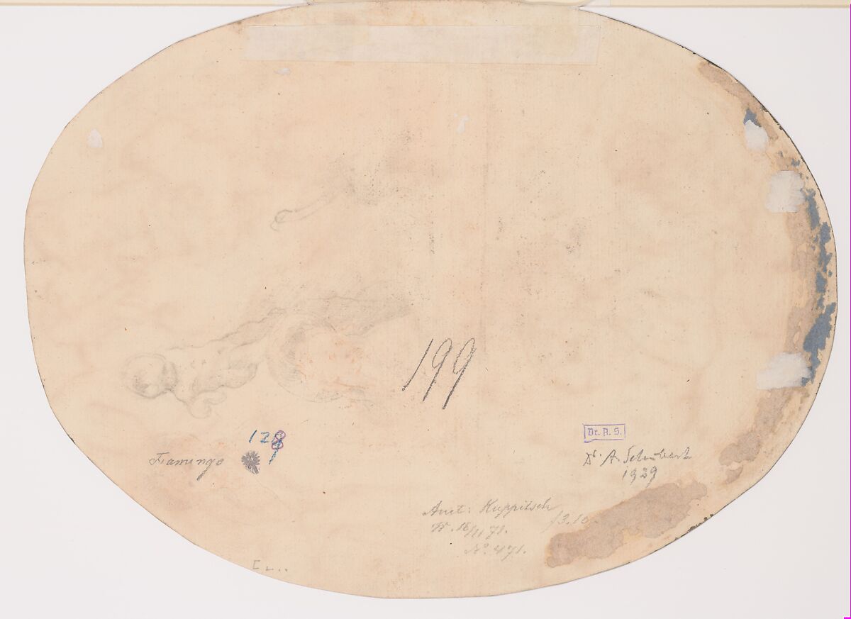 Satyrs and Nymphs; verso: partial counterproof of Heintz's "Studies for the Flight into Egypt" in The Courtauld Gallery, London, Joseph Heintz the Elder (Swiss, Basel 1564–1609 Prague), Brush and black ink, red chalk, gray and sanguine washes, heightened with white gouache, over black chalk and graphite underdrawing, incised, on off-white paper prepared with yellow wash, laid down to another sheet of laid paper; verso of secondary support: partial offset of a drawing in black and red chalk