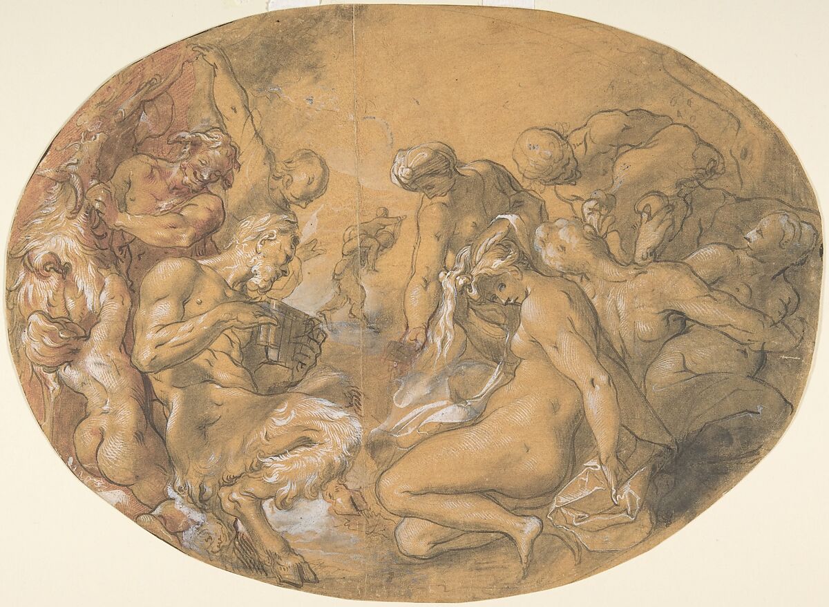 Satyrs and Nymphs; verso: partial counterproof of Heintz&#39;s "Studies for the Flight into Egypt" in The Courtauld Gallery, London
