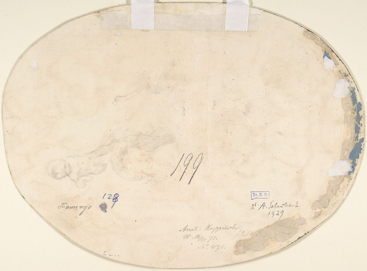 Satyrs and Nymphs; verso: partial counterproof of Heintz's "Studies for the Flight into Egypt" in The Courtauld Gallery, London, Joseph Heintz the Elder (Swiss, Basel 1564–1609 Prague), Brush and black ink, red chalk, gray and sanguine washes, heightened with white gouache, over black chalk and graphite underdrawing, incised, on off-white paper prepared with yellow wash, laid down to another sheet of laid paper; verso of secondary support: partial offset of a drawing in black and red chalk