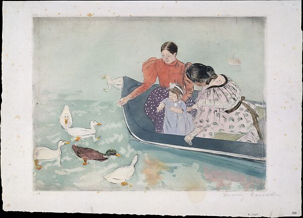 Feeding the Ducks, Mary Cassatt (American, Pittsburgh, Pennsylvania 1844–1926 Le Mesnil-Théribus, Oise), Drypoint, softground etching, and aquatint, printed in color from three plates; fourth state of four (Mathews & Shapiro)