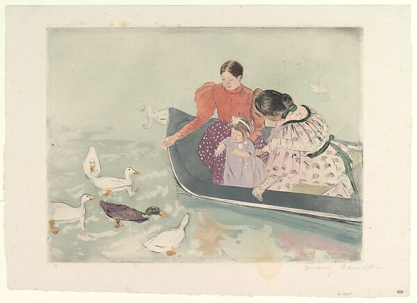 Feeding the Ducks, Mary Cassatt (American, Pittsburgh, Pennsylvania 1844–1926 Le Mesnil-Théribus, Oise), Drypoint, softground etching, and aquatint, printed in color from three plates; fourth state of four (Mathews & Shapiro) 