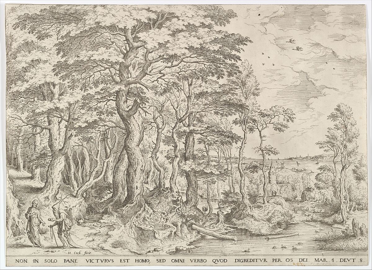 Landscape with the Temptation of Christ, Hieronymus Cock (Netherlandish, Antwerp ca. 1510–1570 Antwerp), Etching 