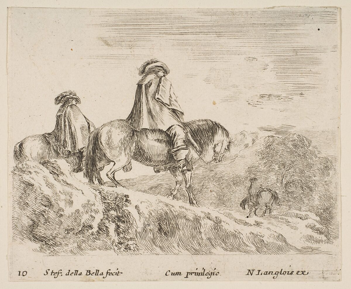Two horsemen descending a mountain at left, another horseman to right in background, plate 10 from "Diversi capricci", Stefano della Bella (Italian, Florence 1610–1664 Florence), Etching; third state of four (De Vesme) 